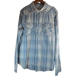 Pop Icon Clothing Mens XL Blue Plaid Western Button Down Shirt Epaulets NWT